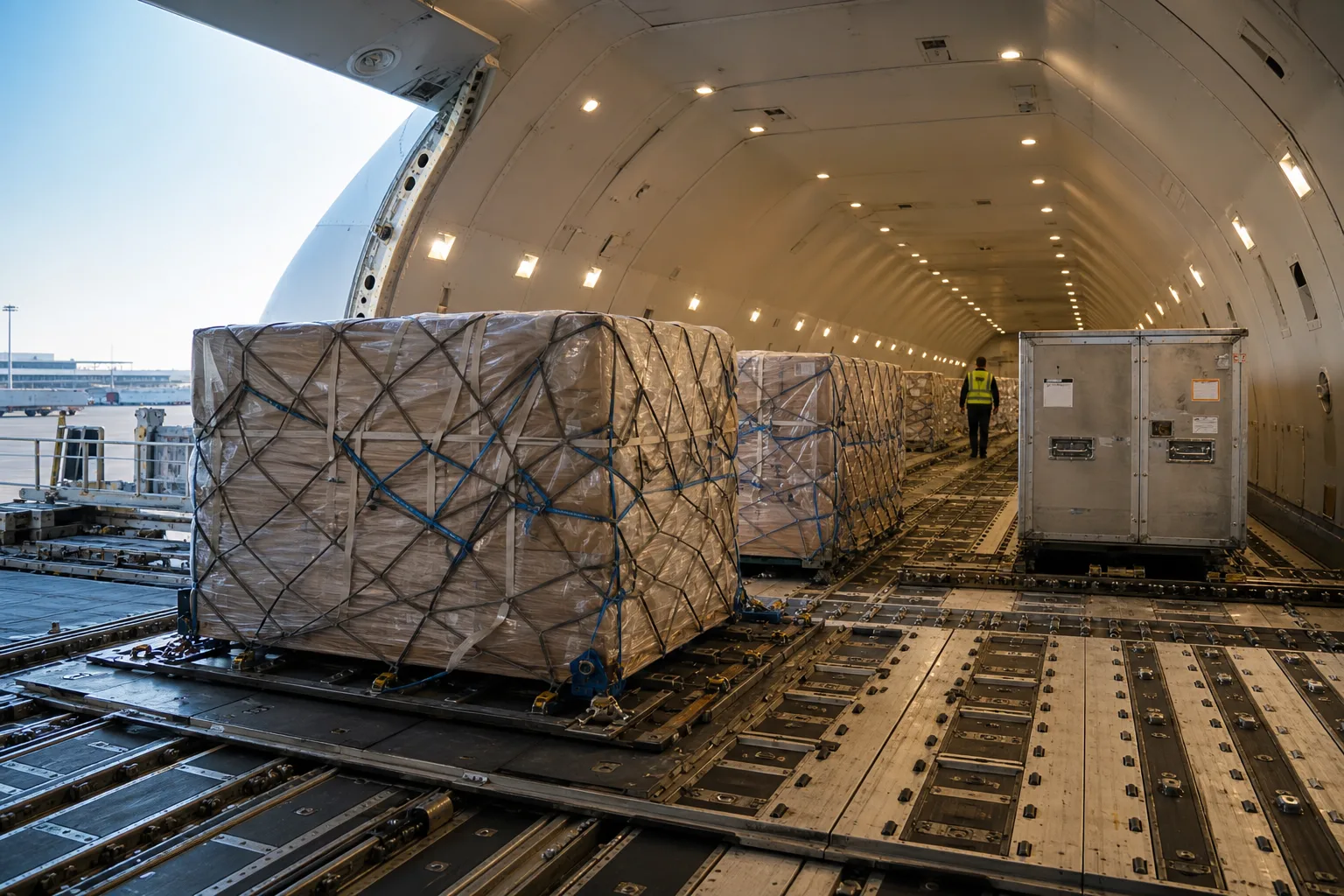 Interior of ULS Airlines Cargo A330 freighter with loaded pallets